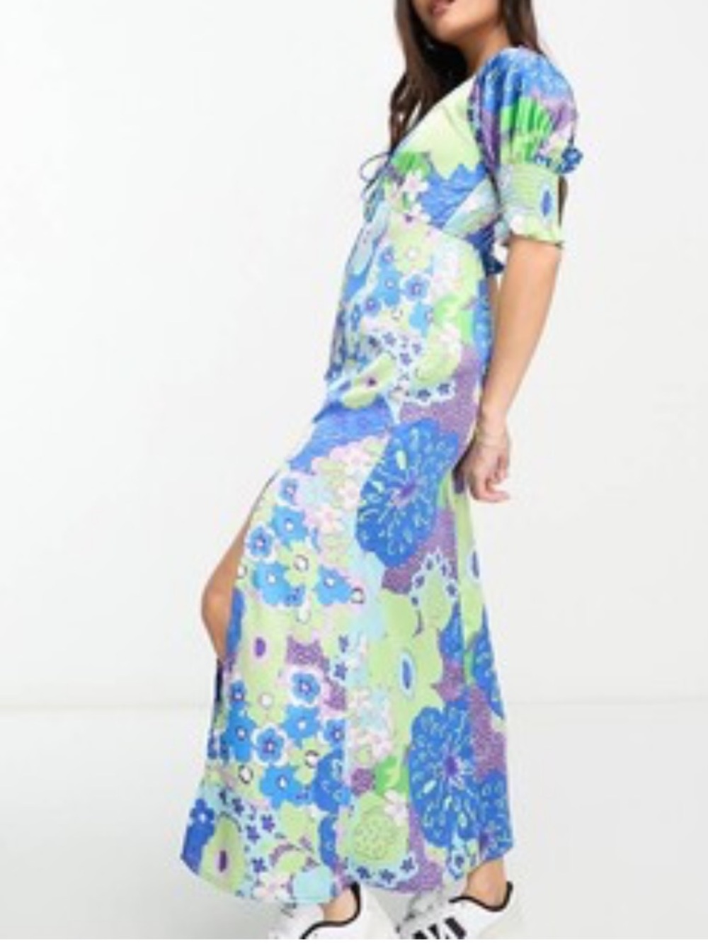 ASOS Design Vibrant Floral Maxi Dress Blue Lime puff sleeves side slit 00P